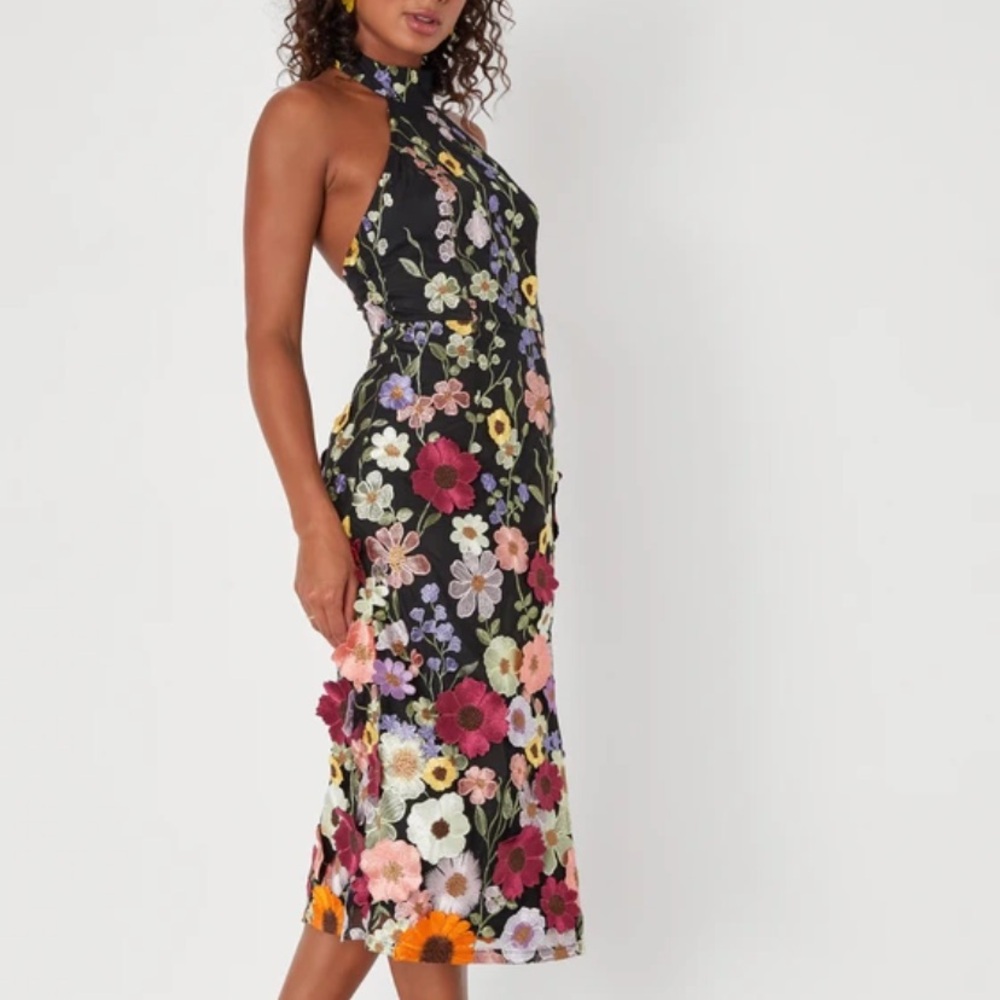 Lulu's Unique Impression Black Halter Midi Floral Embroidered Dress NWT - Picture 3 of 5